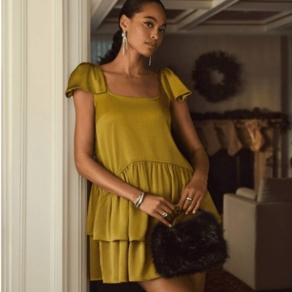 Scoop Olive Dust Satin Bow Shoulder Tiered‎ Mini Dress Large (12–14) New NWT